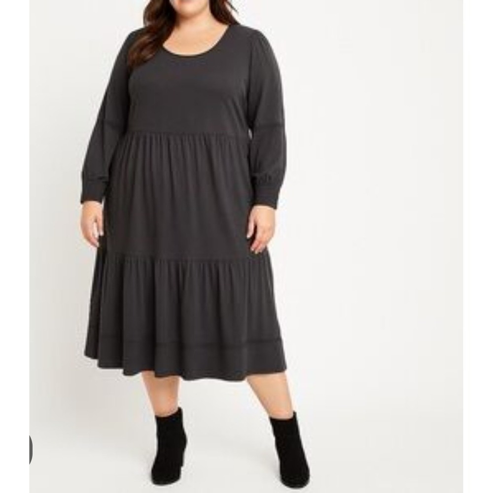 Canyon Retreat Peasant Black Cotton Long Puff Sleeve Tiered Cotton Dress Boho 2X